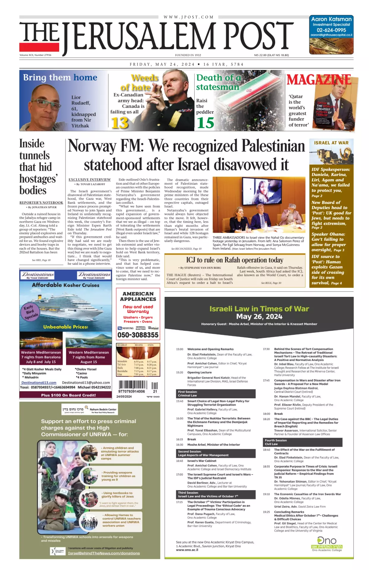 Prima-pagina-the jerusalem post-edizione-di-oggi-24-05-2024